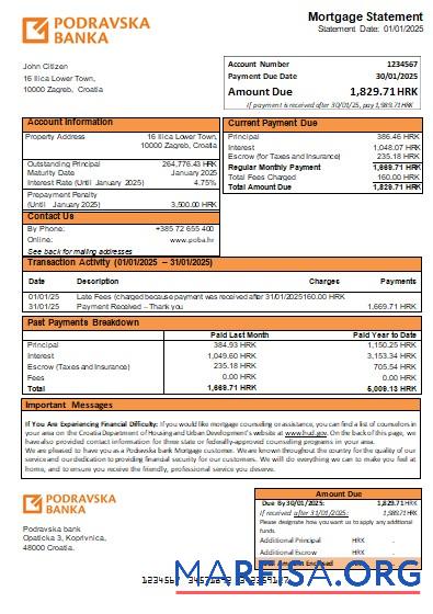Blank Croatia Podravska bank mortgage statement scr sample